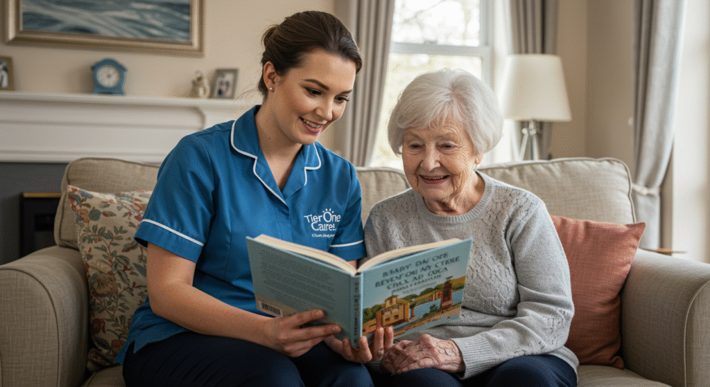 Tier One Care live-in carer reading with an elderly woman on a sofa, providing companionship and emotional support in Salisbury.