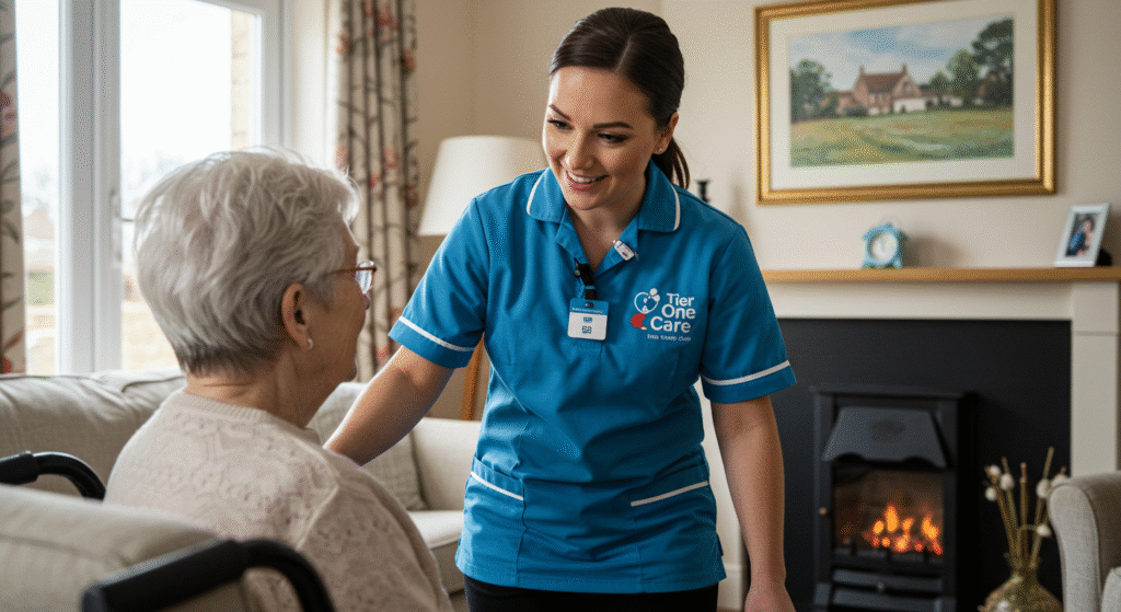Tier One Care professional providing attentive in-home care to an elderly woman, ensuring comfort and safety in a cozy living room environment.