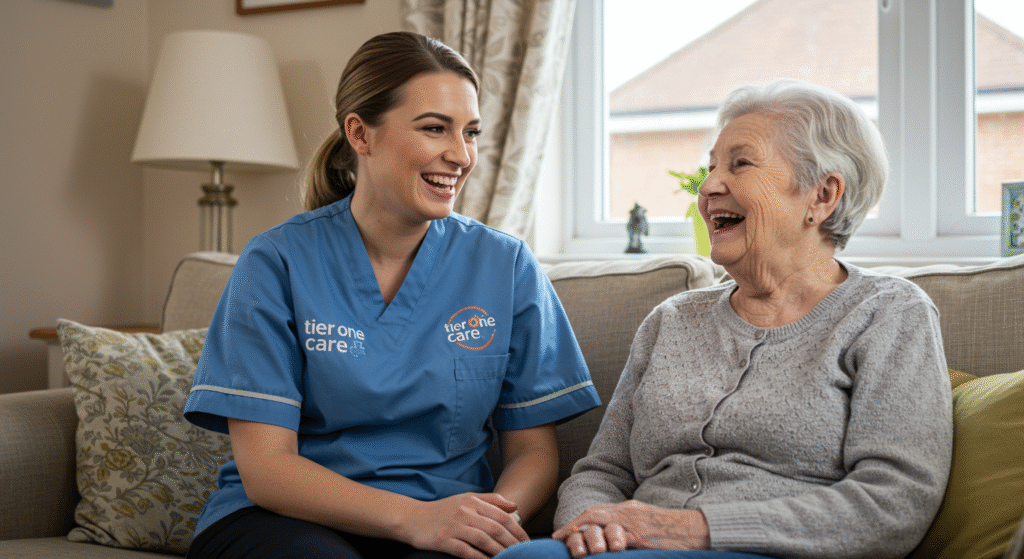 A Tier One Care caregiver in a blue uniform walks outdoors with an elderly woman, offering arm support as they stroll through a residential neighborhood. The caregiver’s badge and uniform emphasize professional, compassionate assistance for mobility and companionship.