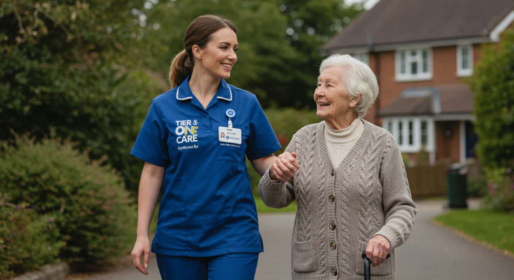 A Tier One Care professional in a blue uniform sits beside an elderly woman on a sofa in a bright, comfortable home. The caregiver offers attentive support, reflecting a compassionate, one-to-one care approach tailored to the individual’s needs.
