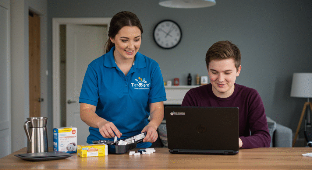 Tier One Care worker assisting a young man at home, organizing medication and providing support for independent living.