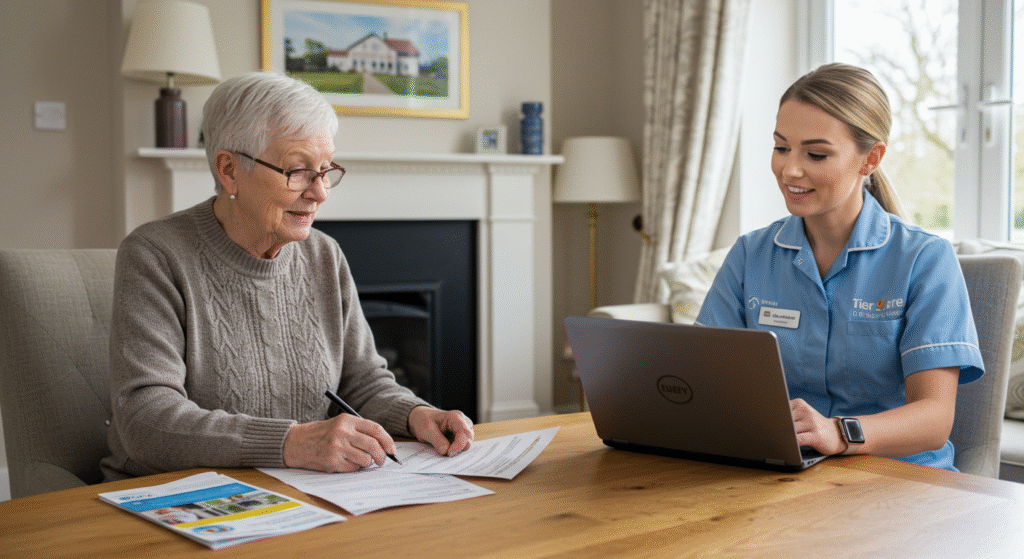 An elderly woman sits at a table in a cozy living room, reviewing and signing documents with the assistance of a Tier One Care professional in a blue uniform, who is using a laptop. Informational brochures are spread on the table, highlighting a personalized care planning session.