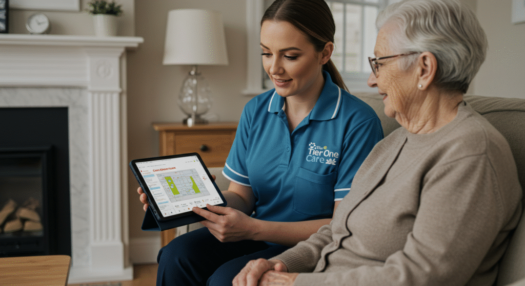 Tier One Care staff member showing a digital care plan to an elderly woman in a comfortable living room setting, highlighting personalized care and technology use.