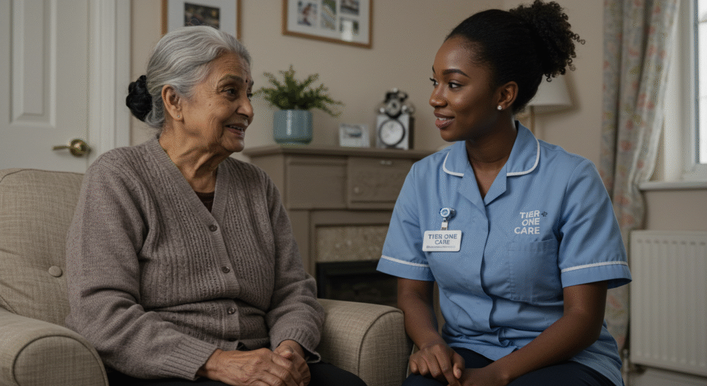 A Tier One Care professional in a blue uniform sits attentively with an elderly woman in a grey cardigan in a cozy home environment, offering emotional support and companionship as part of comprehensive dementia care services.