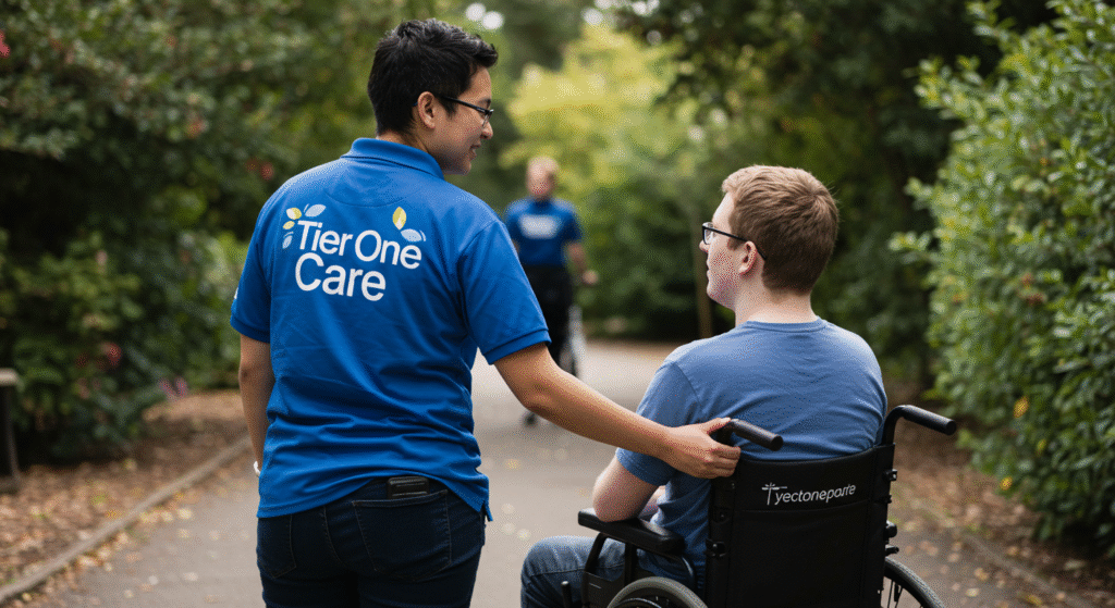 Caregiver in a Tier One Care uniform walking outdoors with a young man in a wheelchair, offering support and companionship on a tree-lined path.
