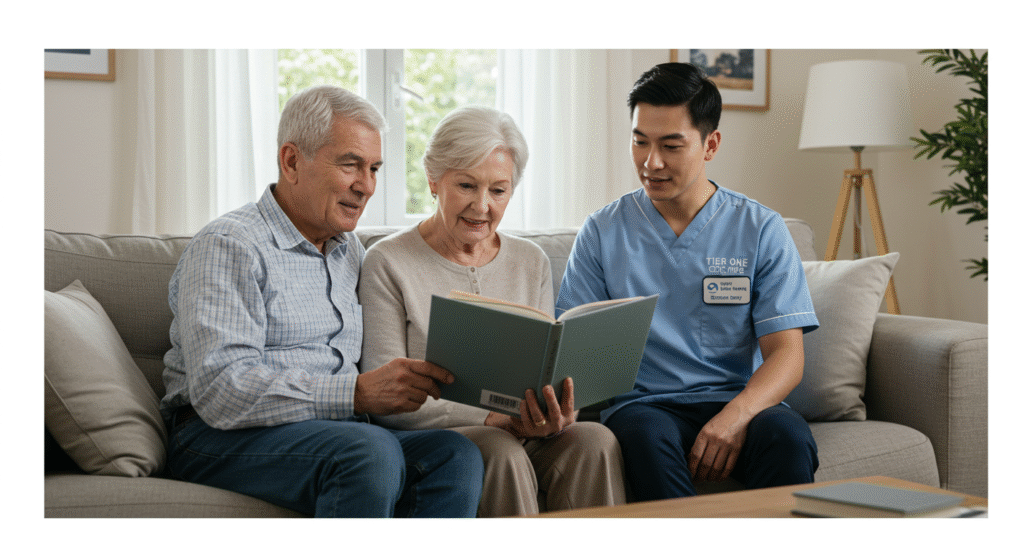 An elderly couple and a Tier One Care caregiver in uniform sit together on a sofa, reading from a large book in a light-filled living room. The image illustrates supportive, inclusive care and meaningful activities for clients and families