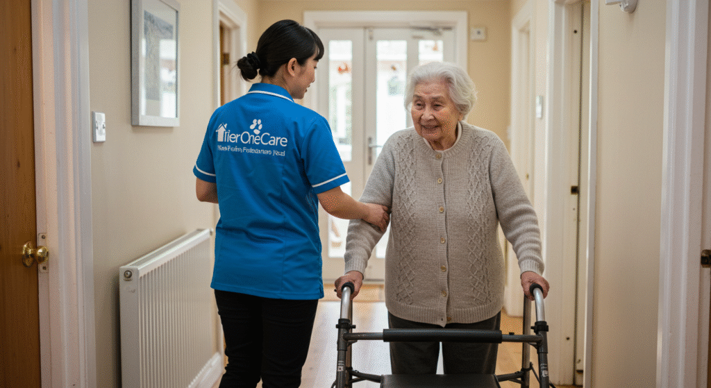 Care worker helping an elderly woman use a walker in a hallway, providing support and encouragement.