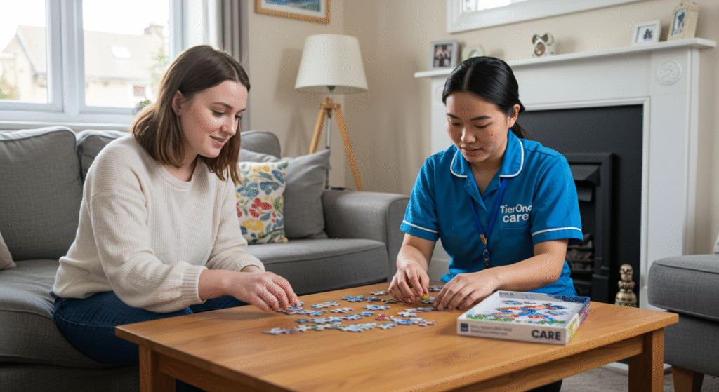 A Tier One Care professional in a blue uniform and a woman in a cream sweater work together on a jigsaw puzzle at a wooden coffee table in a bright, welcoming living room. The scene highlights companionship and cognitive engagement as part of dementia care.