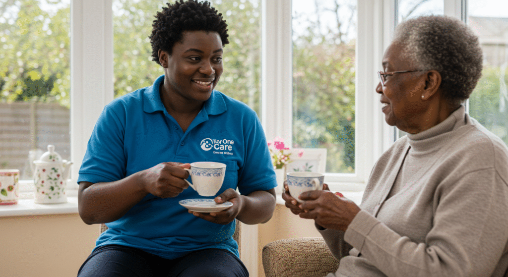 Care worker and elderly woman enjoying tea together in a cozy, sunlit living room.
