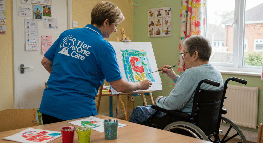 Care worker assisting an elderly person in a wheelchair with a painting activity in a bright, comfortable room.