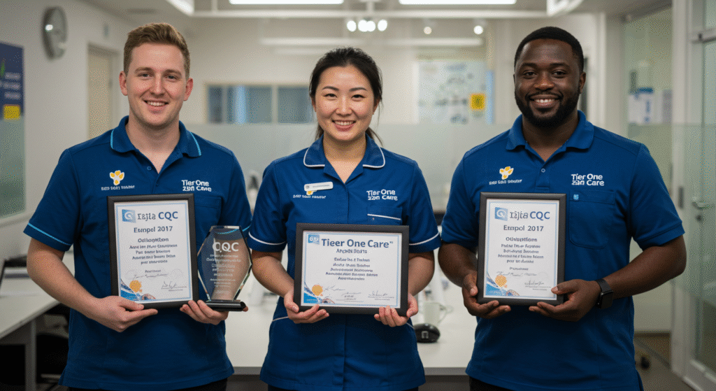 Three Tier One Care team members proudly displaying awards and certificates for excellence and quality in home care services.