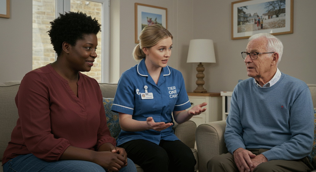 A Tier One Care advisor in a blue uniform sits with an elderly man and a family member on a sofa, discussing care plans and funding solutions in a welcoming home environment.
