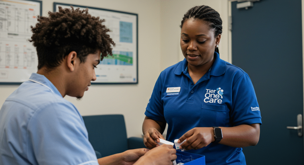 Tier One Care professional assisting a colleague with medication management, carefully handling medication packaging in a clinical setting.