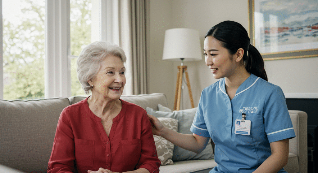 A Tier One Care professional in uniform gently reassures an older woman in a red blouse during a home consultation, highlighting compassionate, personalized care and emotional support.