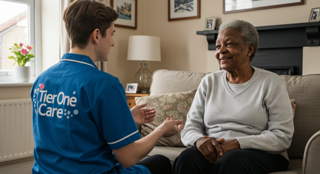 Tier One Care staff member in a blue uniform providing supportive conversation to an elderly woman seated on a sofa in a cozy, well-lit living room.