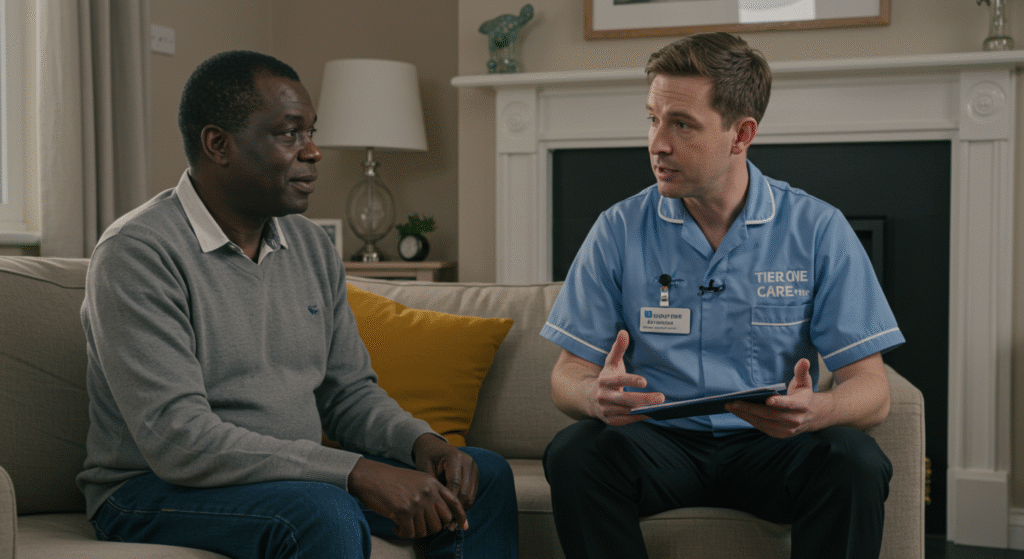 A Tier One Care advisor in a blue uniform sits with a client in a comfortable living room, holding a tablet and providing information about social care funding and support options.