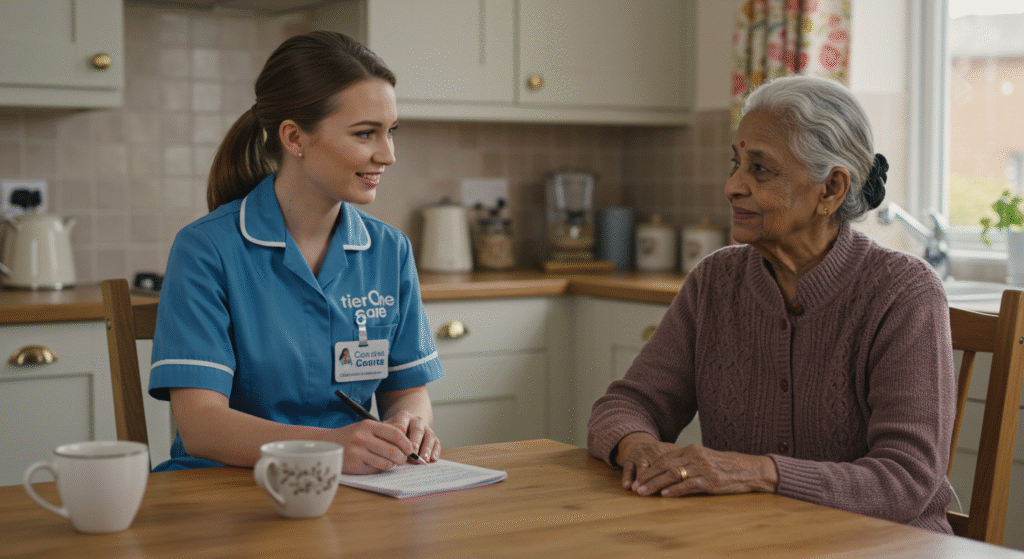 A Tier One Care advisor in a blue uniform conducts a home care consultation at a kitchen table with an elderly woman, taking notes and discussing care needs in a calm, supportive environment. Two mugs and a notepad are on the table, emphasizing a personal and attentive approach