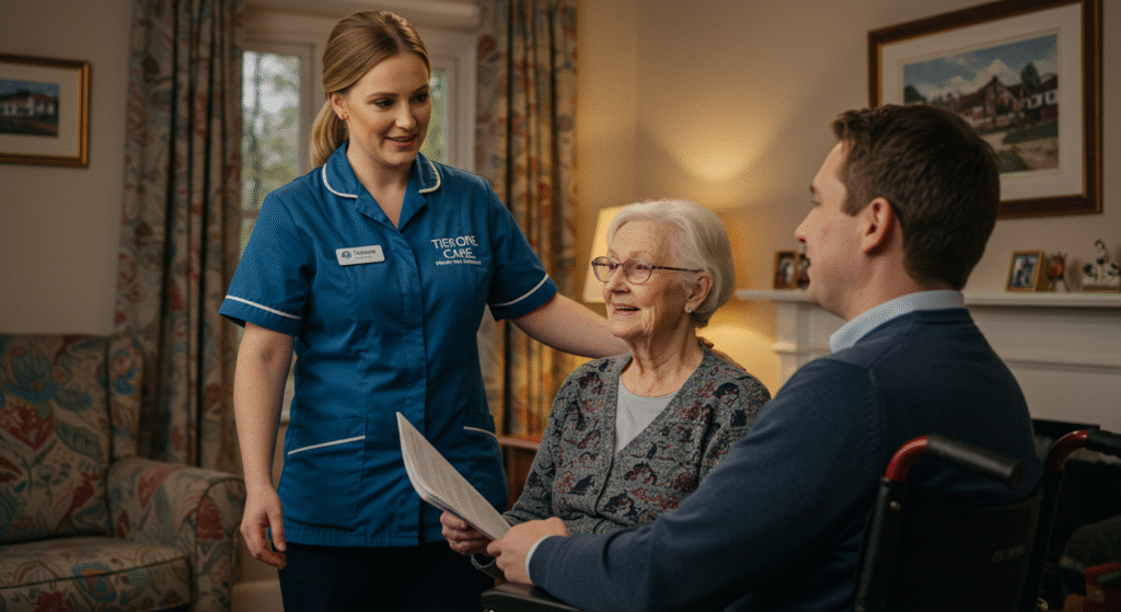 Palliative care nurse assisting an elderly woman in a wheelchair with family present at home