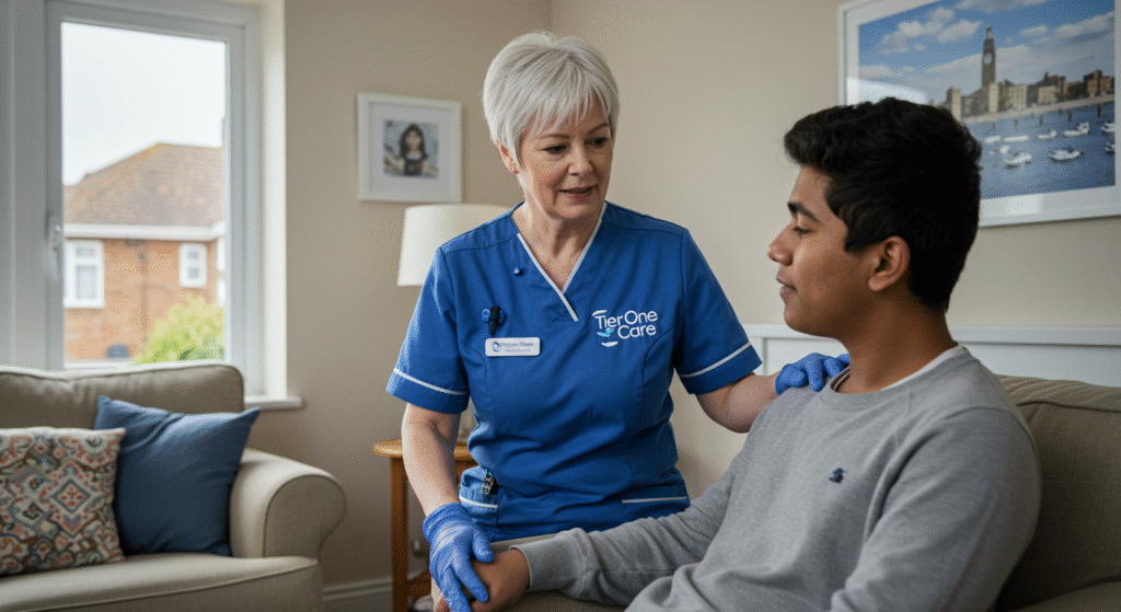 Professional home care nurse supporting a young man during an in-home specialist care session