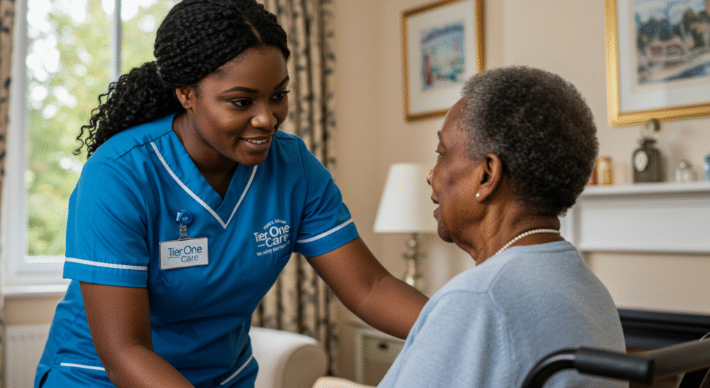 Home care nurse assisting elderly woman in a wheelchair during a specialist care visit