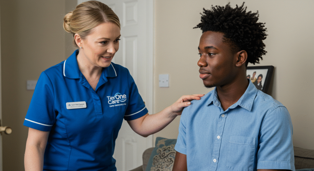 Specialist home care nurse providing emotional support to a young man in a living room
