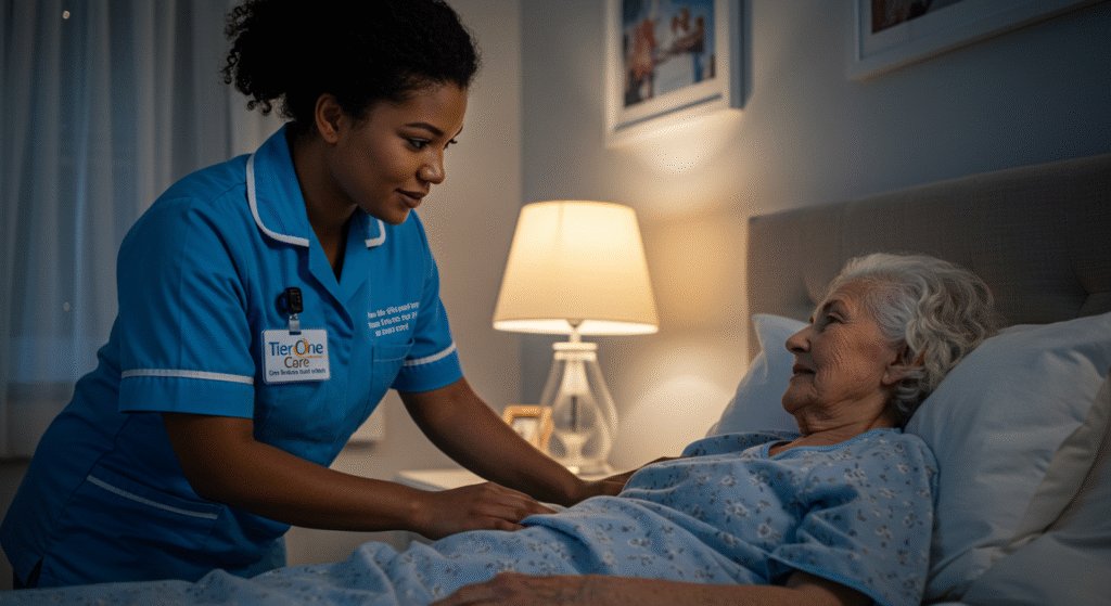 Caregiver offering nighttime support and comfort to an elderly woman in bed