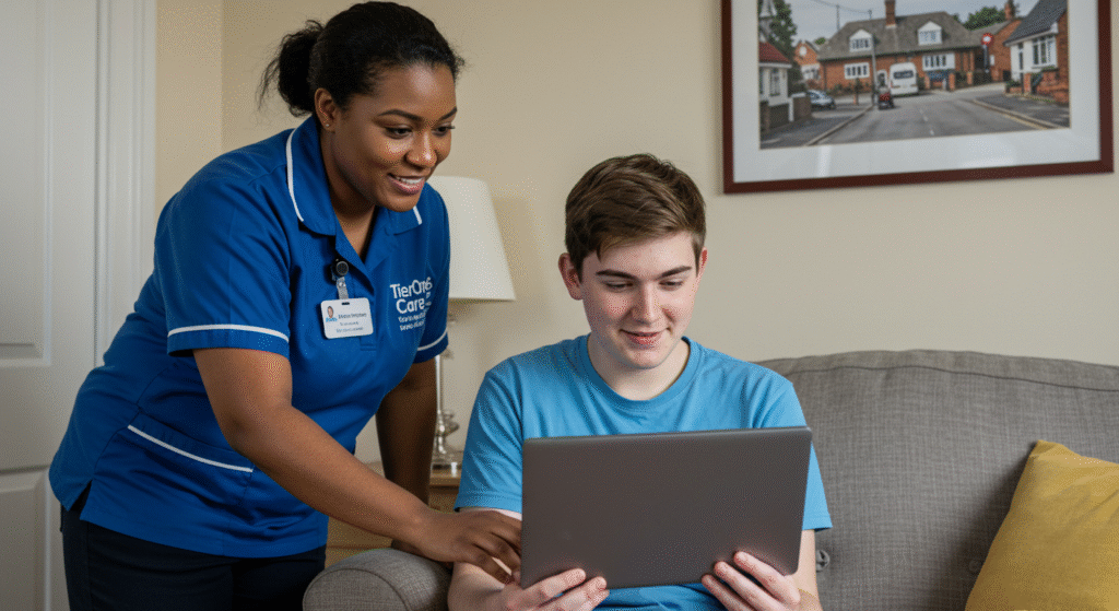 Live-in carer providing support to a young man using a laptop in a comfortable living room
