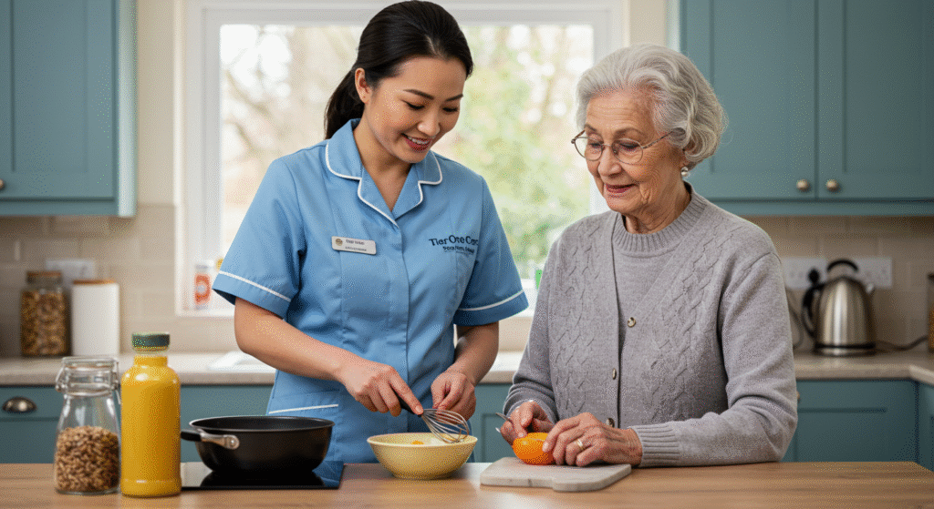 Caregiver assisting elderly woman with meal preparation in a home kitchen
