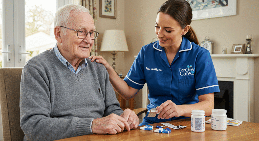 Elderly man receiving home care support from a female caregiver in a blue Tier One Care uniform at a cozy UK home.
