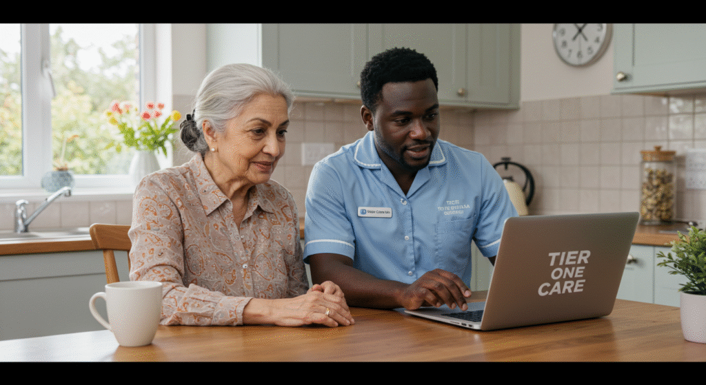 A Tier One Care advisor in a blue uniform sits at a kitchen table with an older woman, using a laptop to guide her through local authority care funding options. The setting is a bright, welcoming kitchen with flowers on the windowsill, reflecting supportive and professional assistance