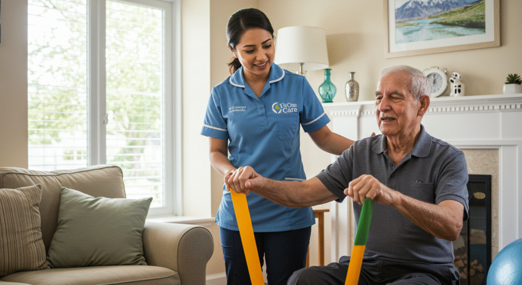 South Asian female nurse in a blue Tier One Care uniform guiding an elderly man through rehabilitation exercises with resistance bands in a bright living room, emphasizing personalized rehabilitation and encouragement in live-in nursing care.