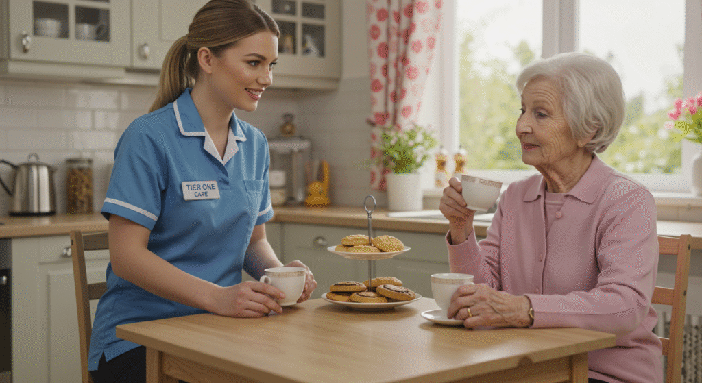 Tier One Care carer in blue uniform sharing tea and biscuits with an elderly woman in a bright, homely kitchen, highlighting companionship and personalized support at home.