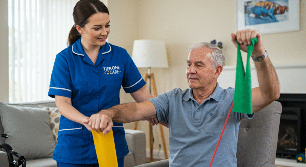 A Tier One Care professional in royal blue uniform guides an elderly man using resistance bands for arm exercises while seated in a comfortable living room with natural lighting