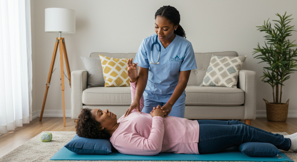 A Tier One Care nurse in a light blue uniform with stethoscope providing physical therapy to a woman in a pink top lying on a blue exercise mat in a bright living room with decorative pillows and a floor lamp