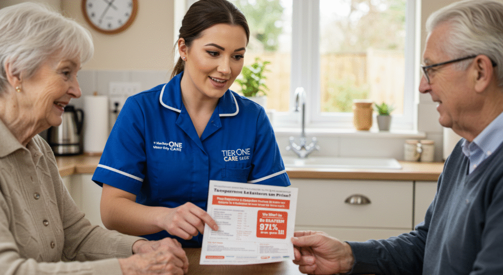 A Tier One Care representative in blue uniform discussing care options and pricing information with an elderly couple in their kitchen, showing them a document highlighting the company's competitive rates.