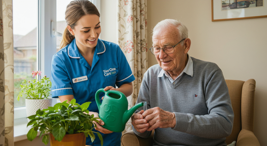 Tier One Care carer in blue uniform assisting an elderly man with watering houseplants by a sunny window, supporting independence and daily living tasks.