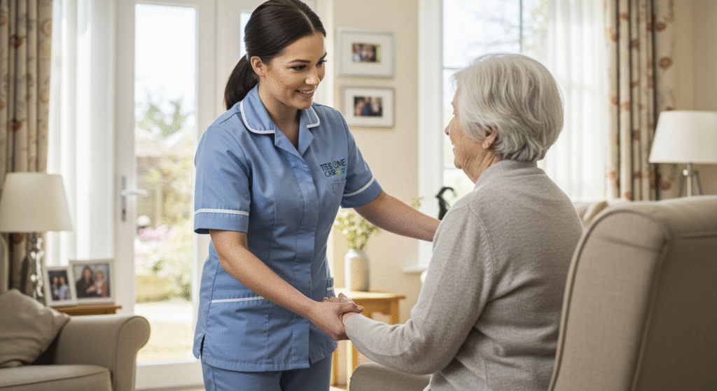 A Tier One Care caregiver in a blue uniform gently holding the hands of an elderly woman in her living room, providing emotional support and companionship