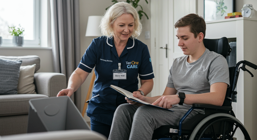 A Tier One Care nurse in a navy uniform assisting a young man in a wheelchair with reading materials in a bright living room, showcasing the comprehensive support services available through 24-hour home care