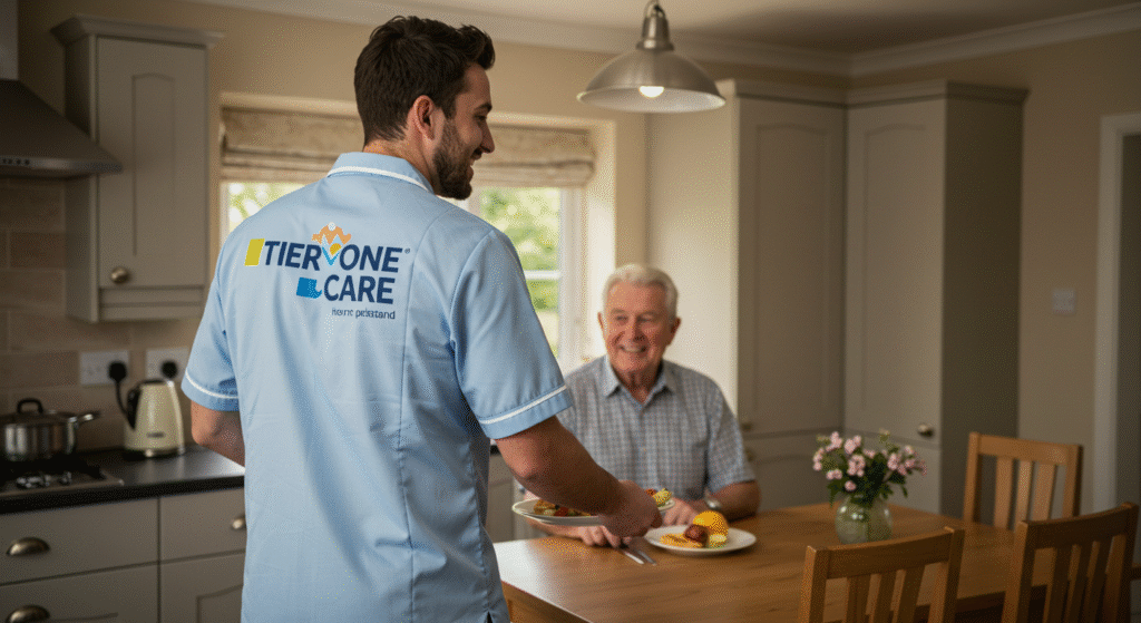 A Tier One Care caregiver in a light blue uniform serves a healthy meal to a smiling elderly man seated at his kitchen table, showcasing the company's home care and meal preparation services