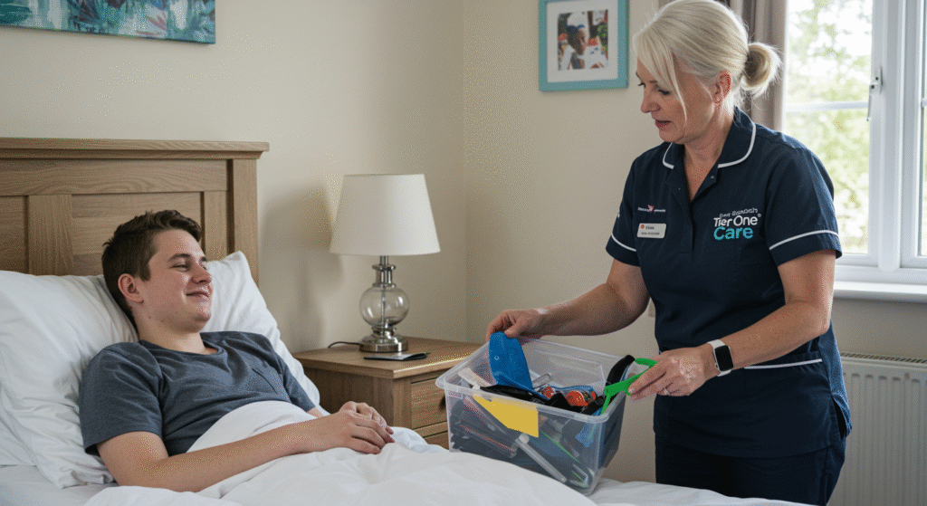 A Tier One Care nurse in a navy uniform with white trim offering activity materials from a clear storage box to a young man resting in bed, demonstrating the personalized bedside support available through 24-hour home care.