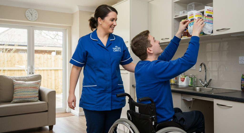 "A Tier One Care professional in a blue uniform assists a young man in a wheelchair who is reaching for items in a kitchen cabinet, creating an environment of independence and support