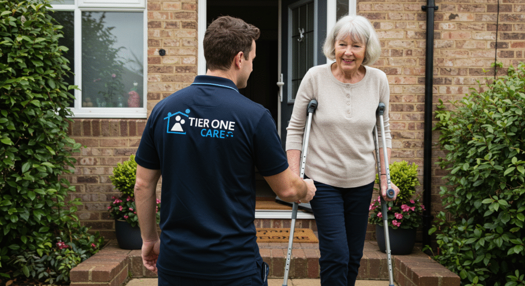 A Tier One Care caregiver in a navy polo shirt assists an elderly woman using crutches at her doorstep, with a well-maintained garden and brick home in the background