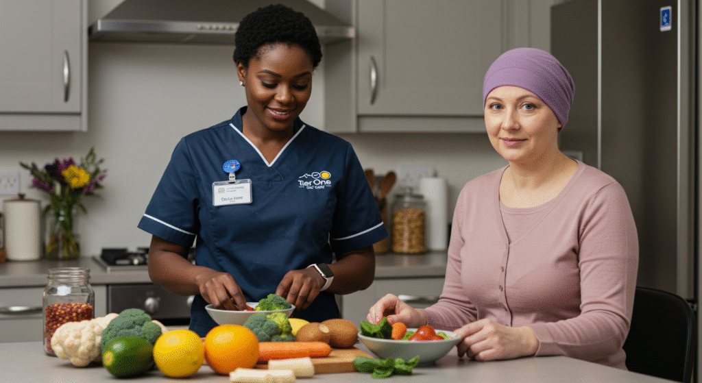 Tier One Care nurse assisting cancer patient with nutritional meal preparation, demonstrating comprehensive home cancer care support