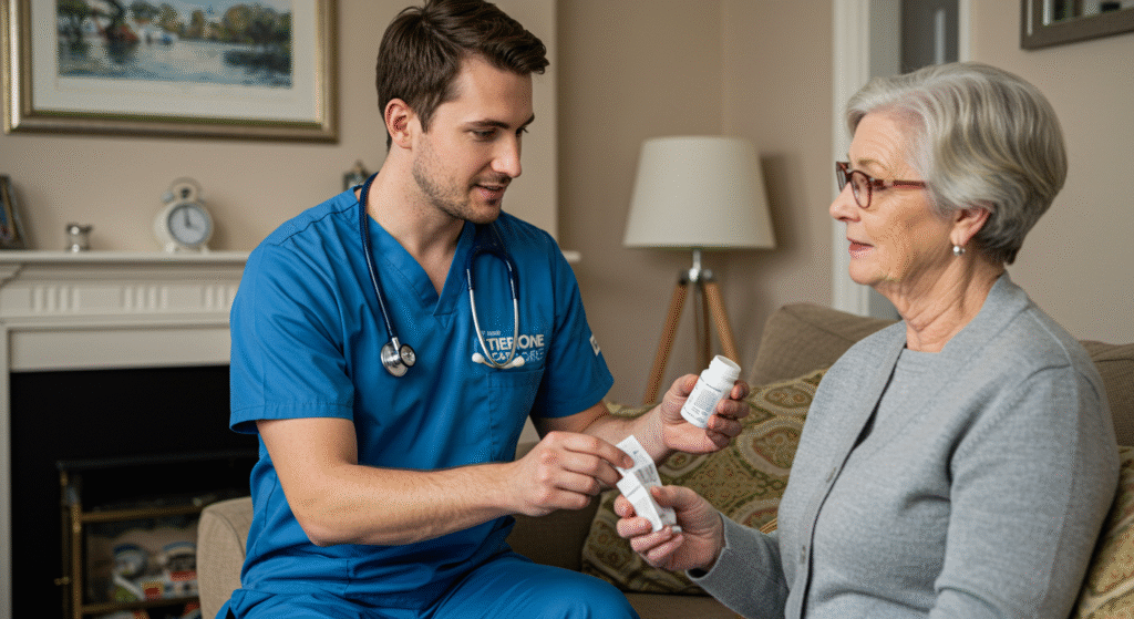 "A Tier One Care healthcare provider with stethoscope discussing medication with an elderly client, illustrating the comprehensive medical support available through 24-hour home care.