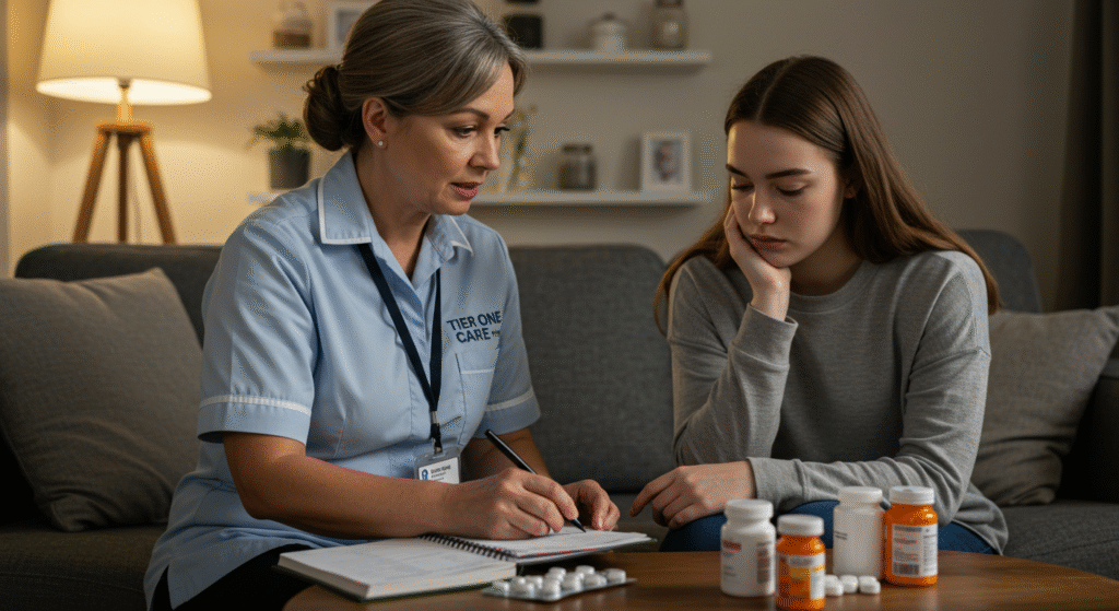 A Tier One Care nurse in a light blue uniform sits with a young woman on a couch, reviewing medication information while prescription bottles are visible on the coffee table in a warm home environment
