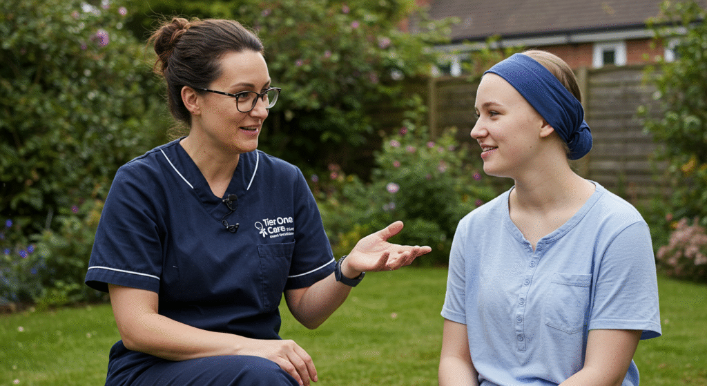 Tier One Care professional providing compassionate support to cancer patient in garden setting, delivering specialized home cancer care services