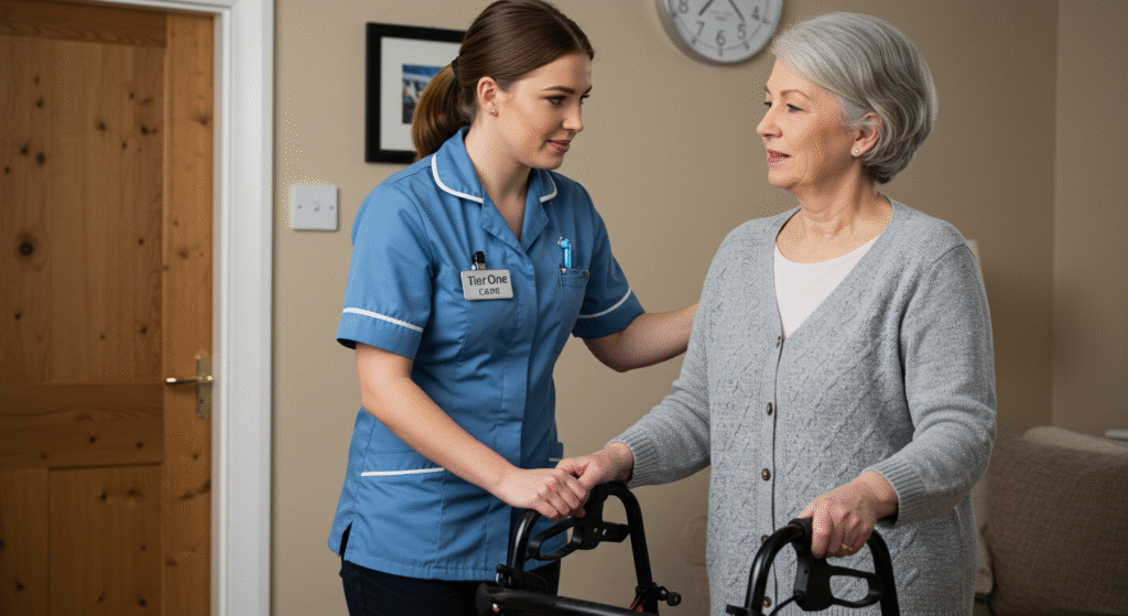 A Tier One Care caregiver in blue uniform helping an elderly woman with a walker, showcasing the mobility support provided through 24-hour home care services.