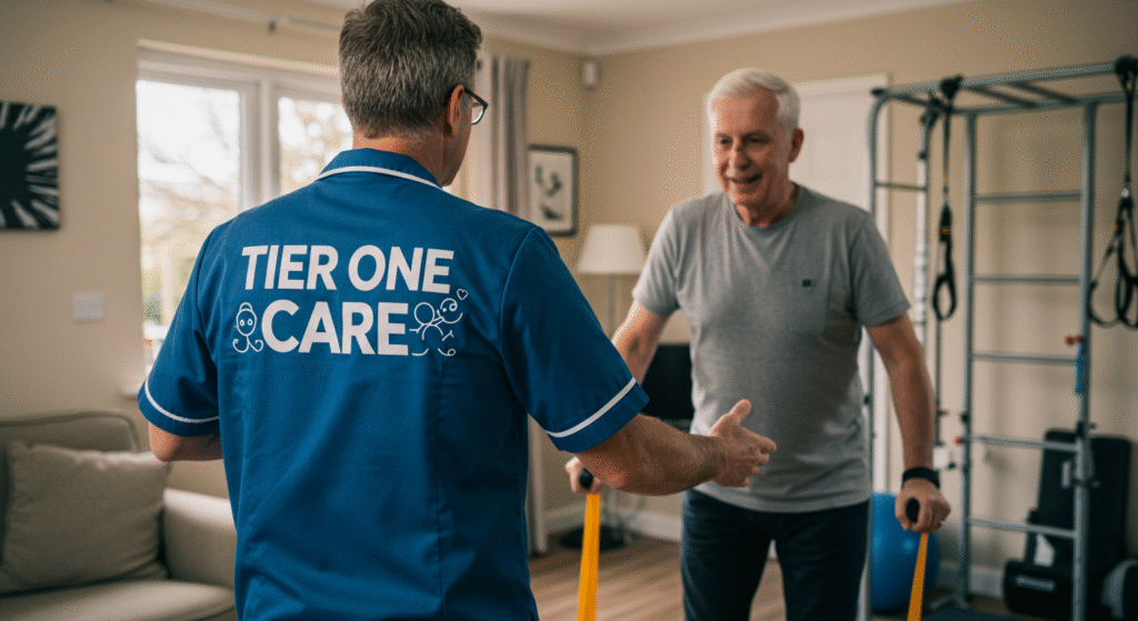 A Tier One Care professional in a blue uniform with white trim assists an elderly man with physical therapy exercises in a bright home setting with rehabilitation equipment visible in the background
