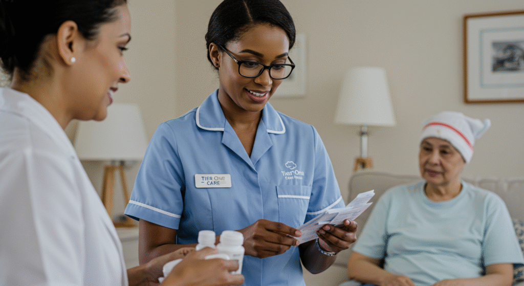 Tier One Care nurse reviewing medication with cancer patient and healthcare professional in home setting, providing personalized cancer care services