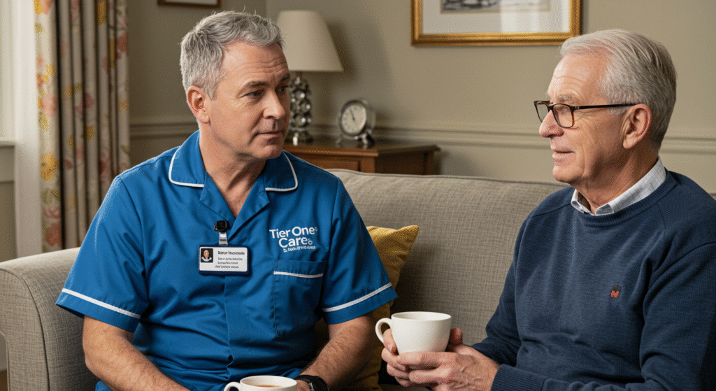 A Tier One Care professional in a blue uniform having a supportive conversation with an elderly client on a sofa, demonstrating the personalized approach of 24-hour home care services."